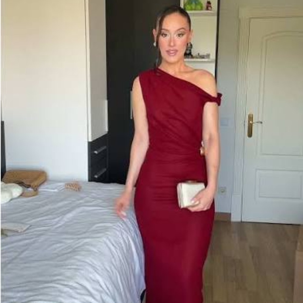 Zara One-Shoulder Wine Red Midi Dress